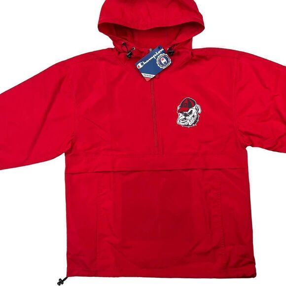 New Champion Men US S Red Jacket Windbreaker Anorak Hood Sport Casual Bulldog  - Picture 3 of 13